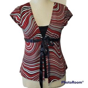 Vintage 90's Y2K  Groovy Retro Red and Black White Top Tie Front V-Neck Sz S